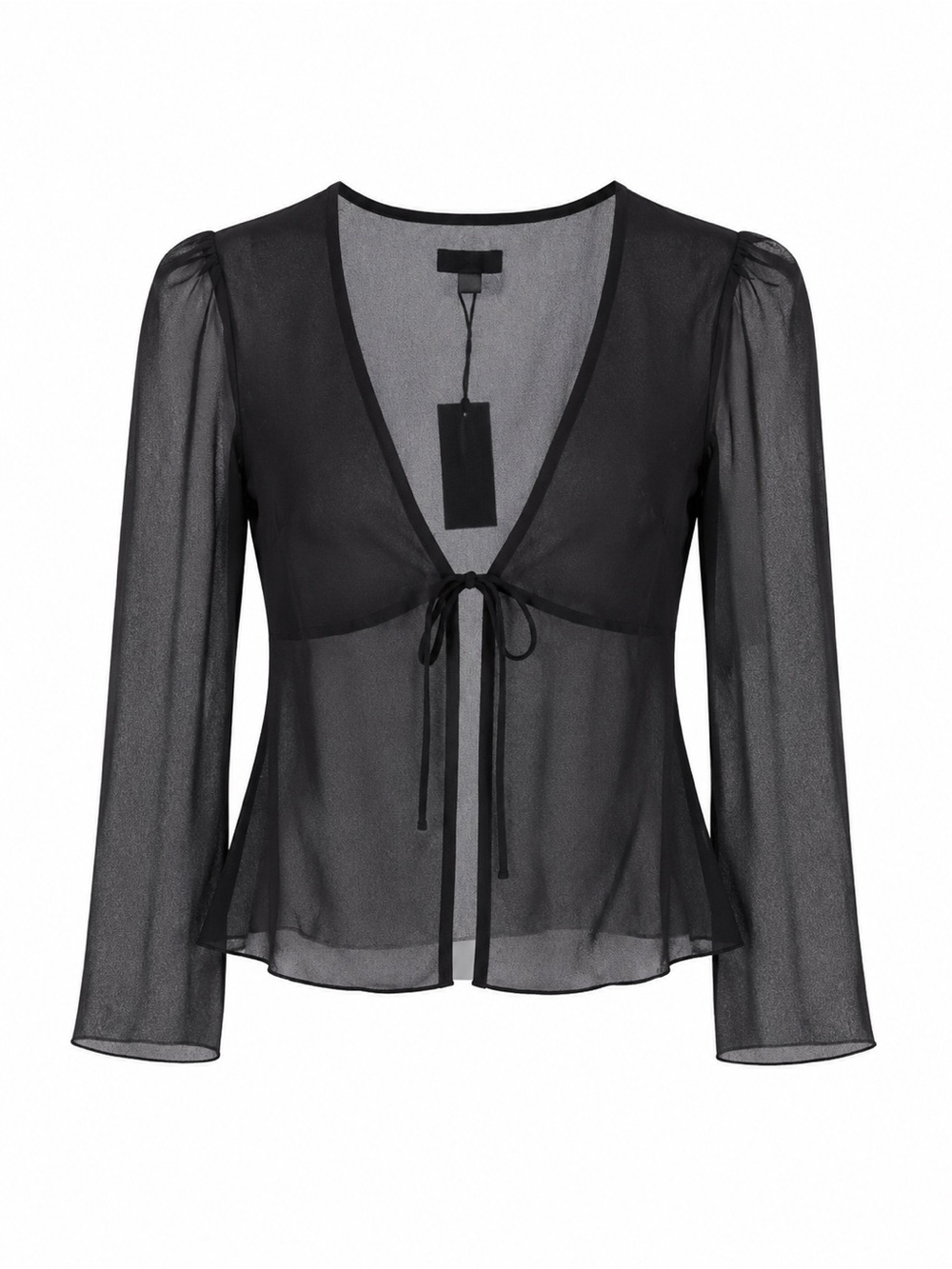 NBD Black Sheer Tie-Front Blouse